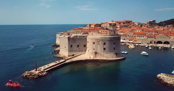 4K Footage Aerial View to the Old City Fortification and Red Roofs in Dubrocnik, Croatia