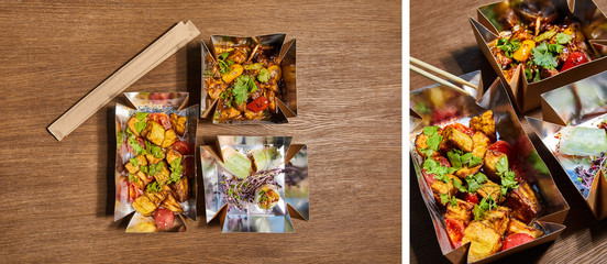 collage of chopsticks near takeaway boxes with prepared chinese food with vegetables on wooden surface