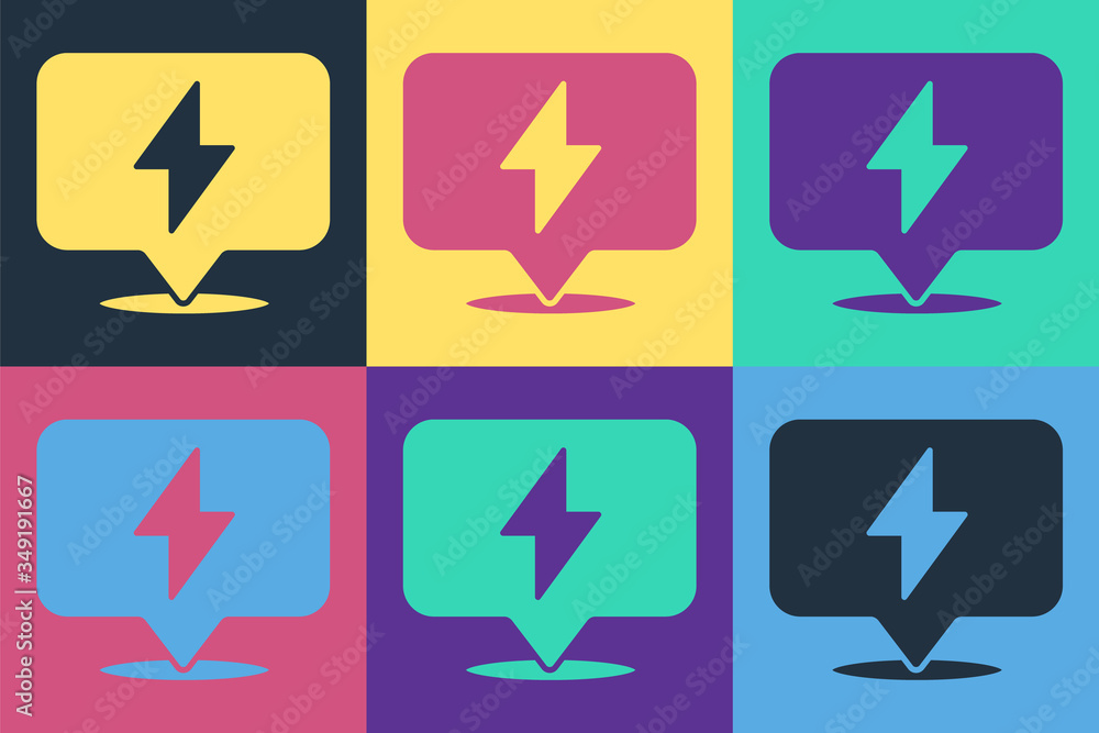 Poster pop art lightning bolt icon isolated on color background. flash icon. charge flash icon. thunder bol