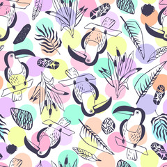 Tropical seamless pattern with toucans. Vector background.