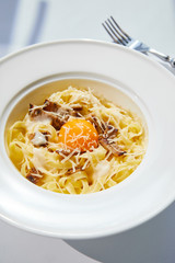 close up view of delicious pasta carbonara served with fork