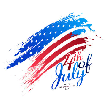 4th Of July Font with American Flag Color Brush Stroke on White Background for Happy Independence Day.