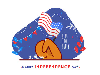 4th Of July Text with Human Hand holding USA Flag on Abstract Background for Happy Independence Day Concept.