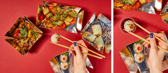 collage of woman holding chopsticks with steamed buns near tasty chinese food in takeaway boxes on red