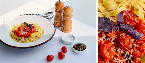 collage of delicious pasta with tomatoes served with cutlery, salt and pepper mills on white table in sunlight