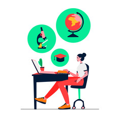 Girl at laptop studying online course vector illustration.
Online distance education banner design. Educational courses and webinars concept