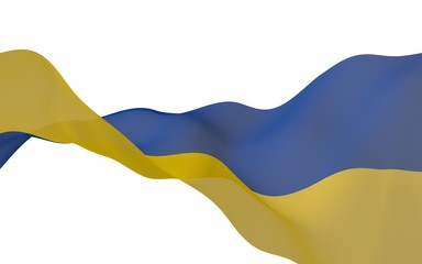 The flag of Ukraine on a white background. National flag and state ensign. Blue and yellow bicolour. 3D illustration waving flag