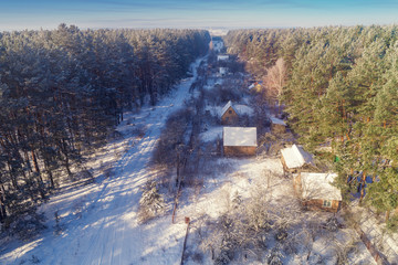 View from above of village lokated in pine forest in snowy winter