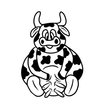 Cute white cow with black stains sitting with udder. Simple vector outline illustration in cartoon doodle style. Concept of farming, milking, dairy products logo, agriculture, animal character.