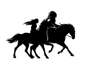 north american indians riding horses - black and white vector silhouette outline of horseback man and woman