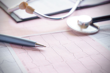 stethoscope with pen glasses, magnifier and cardiogram and other medicine equipment lay on a table