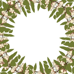 Fototapeta premium Cotton plant and green leaf frame. Vector template for invitation, greeting card.