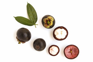 Creative layout made of mangosteen. Flat lay. Food concept. Mangosteen isolated on white background.