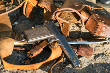 First World War pistol and sewn riveted leather cases