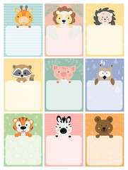 Set up planners and cute postcards with animals. Hand-drawn vector illustration. For printing. Stationery.