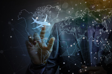 businessman touch plane connect to plan world map