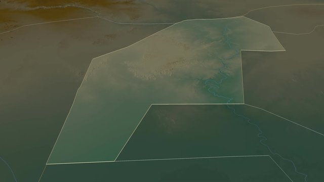 Gedo, region with its capital, zoomed and extruded on the relief map of Somalia in the conformal Stereographic projection. Animation 3D