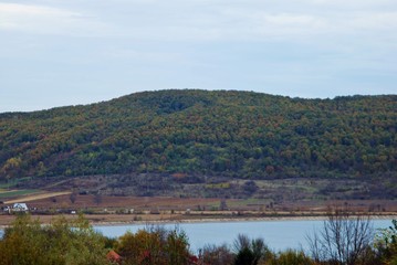 cloudy day at the lake. water reflecting clouds