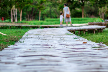 A wooden bridge in the park with a blurred background