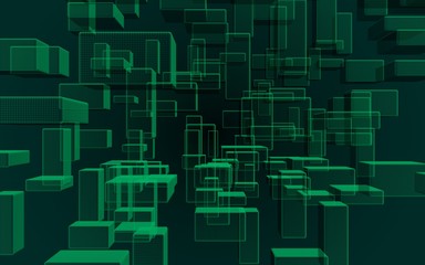 Green and dark abstract digital and technology background. The pattern with repeating rectangles. 3D illustration