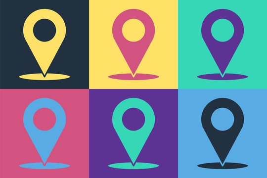 Pop Art Map Pin Icon Isolated On Color Background. Navigation, Pointer, Location, Map, Gps, Direction, Place, Compass, Search Concept. Vector