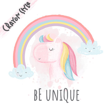 Cute  unicorn crayon style illustration for kids