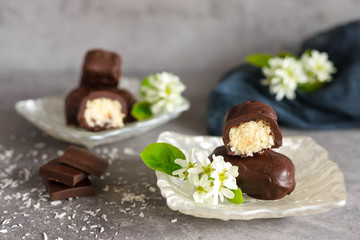 Homemade coconut bounty bars – with a rich dark chocolate shell.