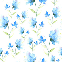 Blue watercolor flowers pattern with white background 