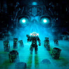 Lair of the tyrant / 3D illustration of science fiction scene showing armed military astronaut exploring watery space with robot skull in background © grandeduc