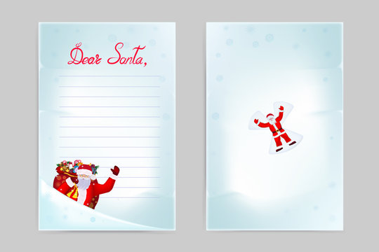 Front and back pages of the Christmas wish list. Image of Santa Claus with a large bag of gifts. Drawing of Santa greeting and making an angel in the snow. Vector illustration in cartoon style.