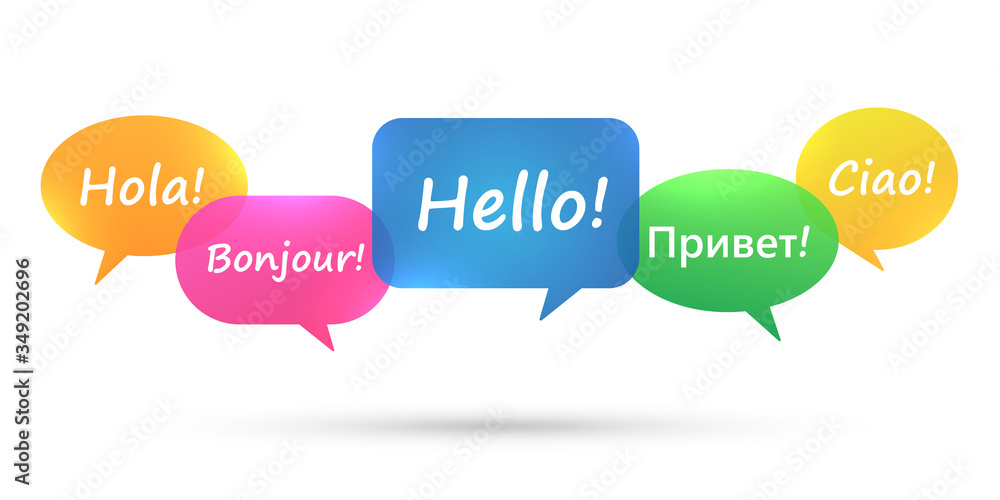 Poster multi colored speech bubbles with hello in different languages