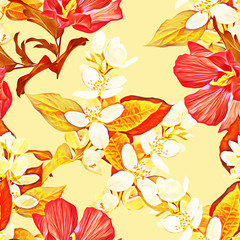 Jasmine and exotic flowers seamless pattern.