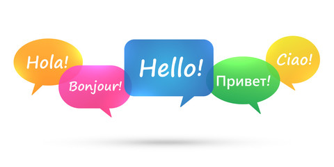 Multi colored speech bubbles with hello in different languages