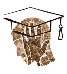 Overworked Student graduate, headache , burnout. 
Stylized male head silhouette holding his head. Photo-montage with dry cracked earth with mortar board.

