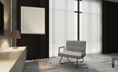 The interior of the living room in a minimalist style. Black curtain with tulle on a large window. comfortable chairs for watching TV. Mockup.   Empty paintings. 3D rendering