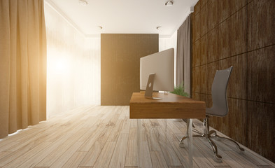designer furniture in the reception. office with large windows. home style. Sunset. 3D rendering