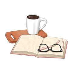 Fototapeta premium Coffee Cup On Tray With Glasses On Book Isolated On A White Background Hand Drawn Illustration 