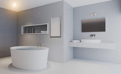 Fototapeta na wymiar Spacious bathroom in gray tones with heated floors, freestanding tub. 3D rendering. Mockup. Empty paintings