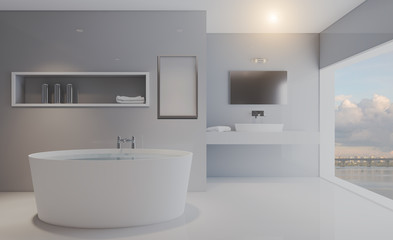 Obraz na płótnie Canvas Spacious bathroom in gray tones with heated floors, freestanding tub. 3D rendering. Mockup. Empty paintings