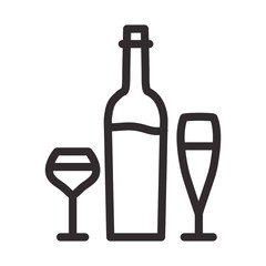 Wine bottle and glass icon. Outline vector isolated on white background.
