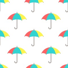 Seamless background with open colorful funny umbrellas on white. Overcast pattern.