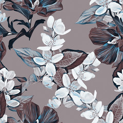 Jasmine and exotic flowers seamless pattern.