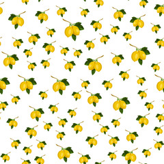 Seamless pattern, lemon with green leaves on a branch on a white background.