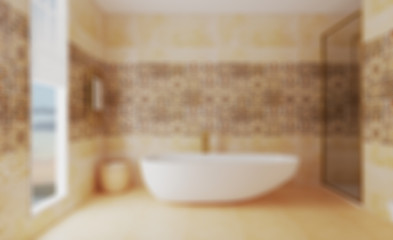 Unfocused, Blur phototography. Spacious bathroom in gray tones with heated floors, freestanding tub. 3D rendering.