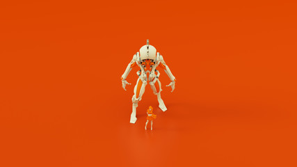 Futuristic AI Hunter Droid Cyborg Mech White an Orange with Female Handler Top Front View 3d illustration 3d render