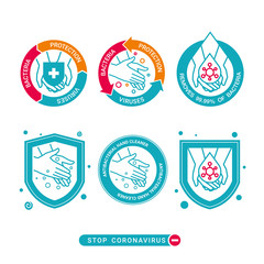 Set of design symbols for protection from coronavirus infections, hand protection and cleaning products covid-19, logo design for labels, stickers on product packaging
