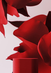 Fototapeta premium Cosmetic background for product presentation. Red fabric podium with red roses petal on pink background. 3d rendering illustration.