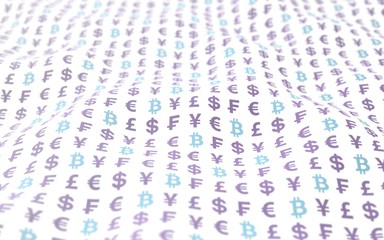 Bitcoin and currency on a white background. Digital crypto currency symbol. Wave effect, currency market fluctuations. Business concept. 3D illustration