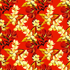 Jasmine and exotic flowers seamless pattern.