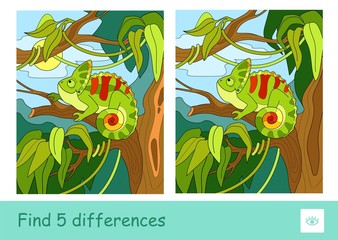 Find five differences quiz learning children game with image of a chameleon sitting on the tree in rainforest. © kpdmedia